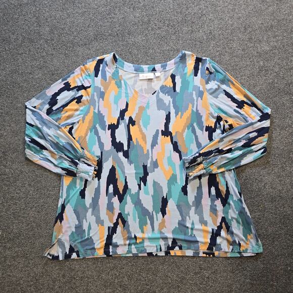 Belle By Kim Gravel Tops - Belle Kim Gravel Top Women XL Blue Green V Neck Artsy Stretch Long Sleeve Casual